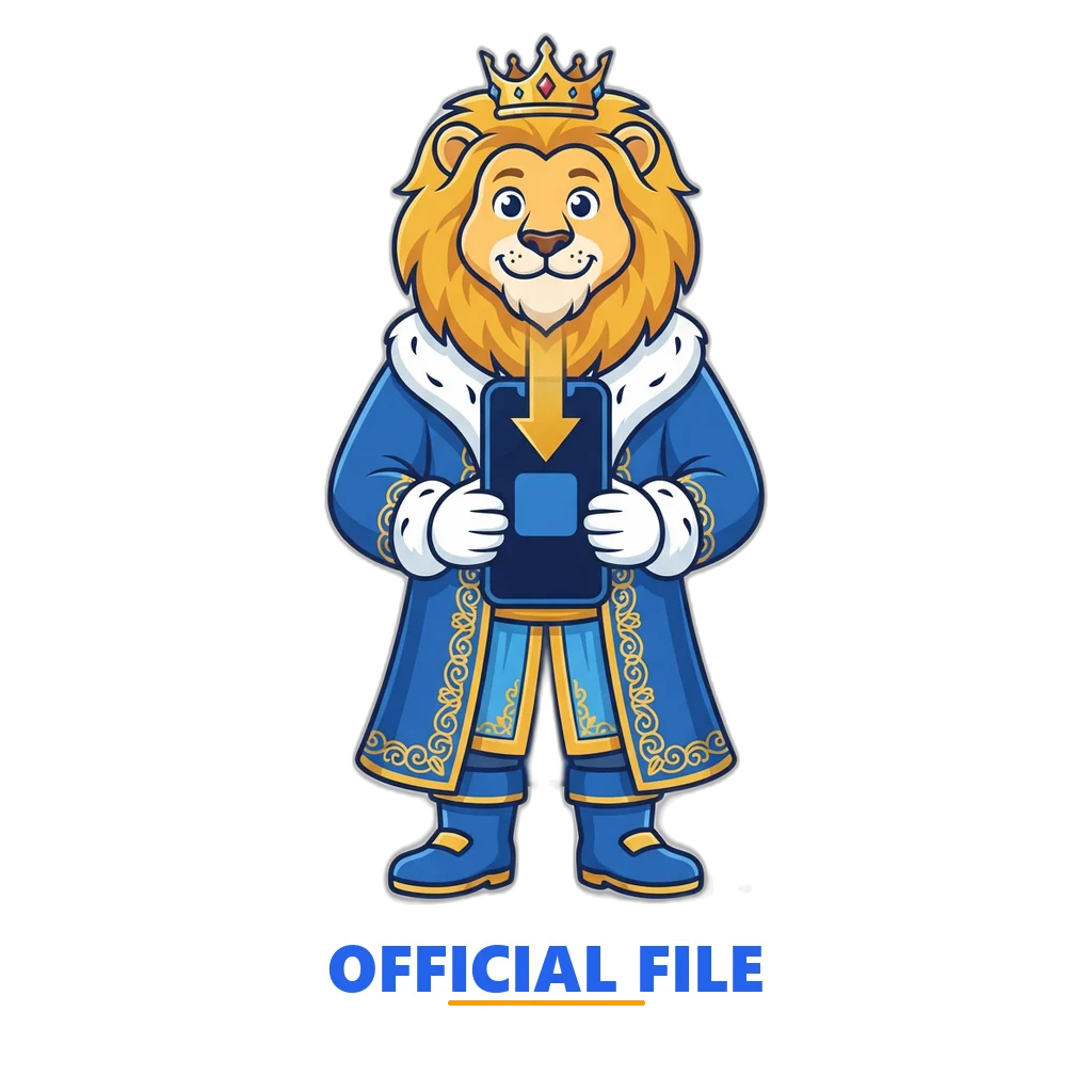 Crowned lion king mascot completing the Sagar Club APK download on a phone