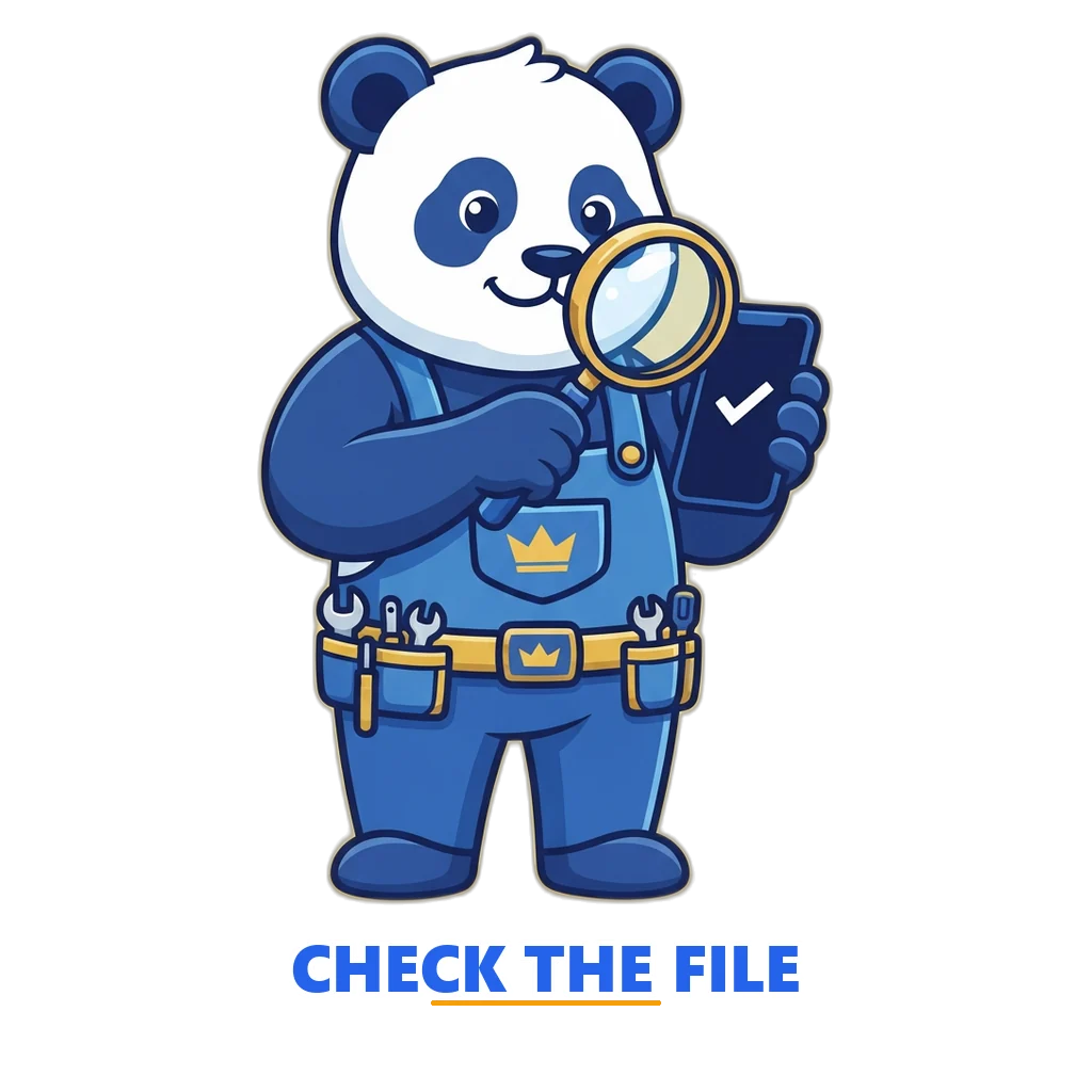 Mechanic giant panda mascot checking a file on a phone with a magnifying glass