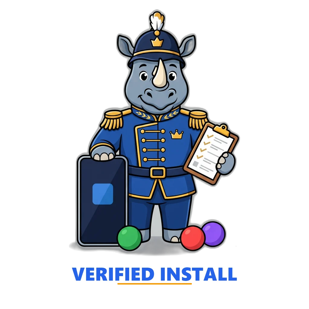 Royal guard rhino mascot holding a checklist next to a phone with the Sagar Club app