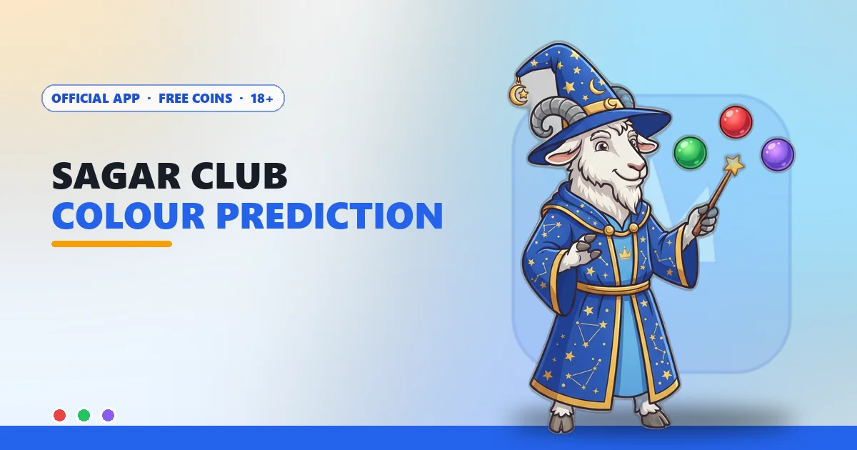 Court wizard goat mascot pointing at green, red and violet balls for the Sagar Club colour prediction rules