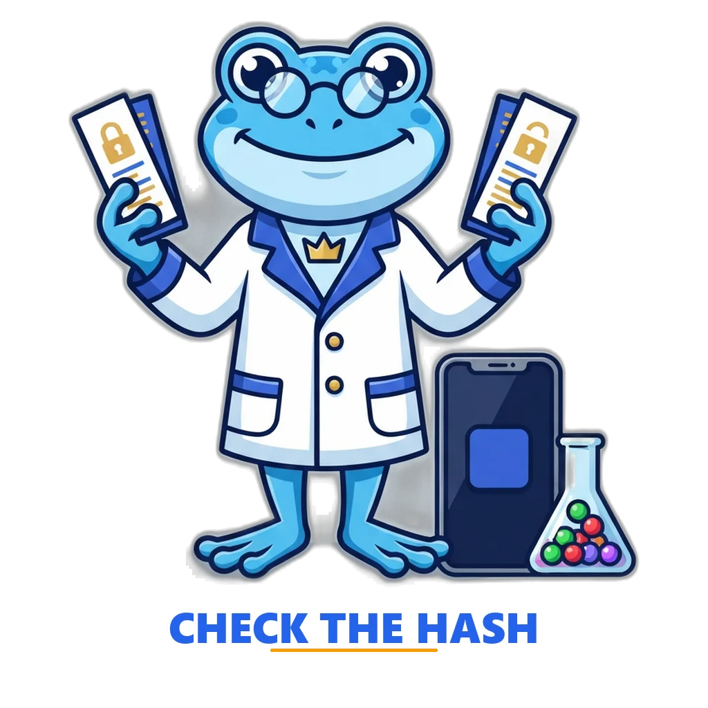 Scientist frog holding two matching code strips, one with a closed lock and one with an open lock, next to a phone with the Sagar Club tile
