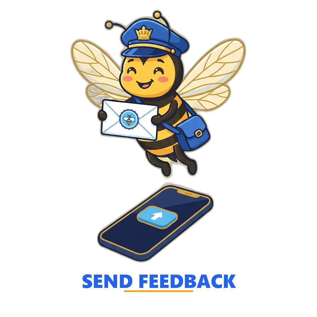 Bee postmaster mascot carrying a feedback envelope away from a phone that shows the Sagar Club app