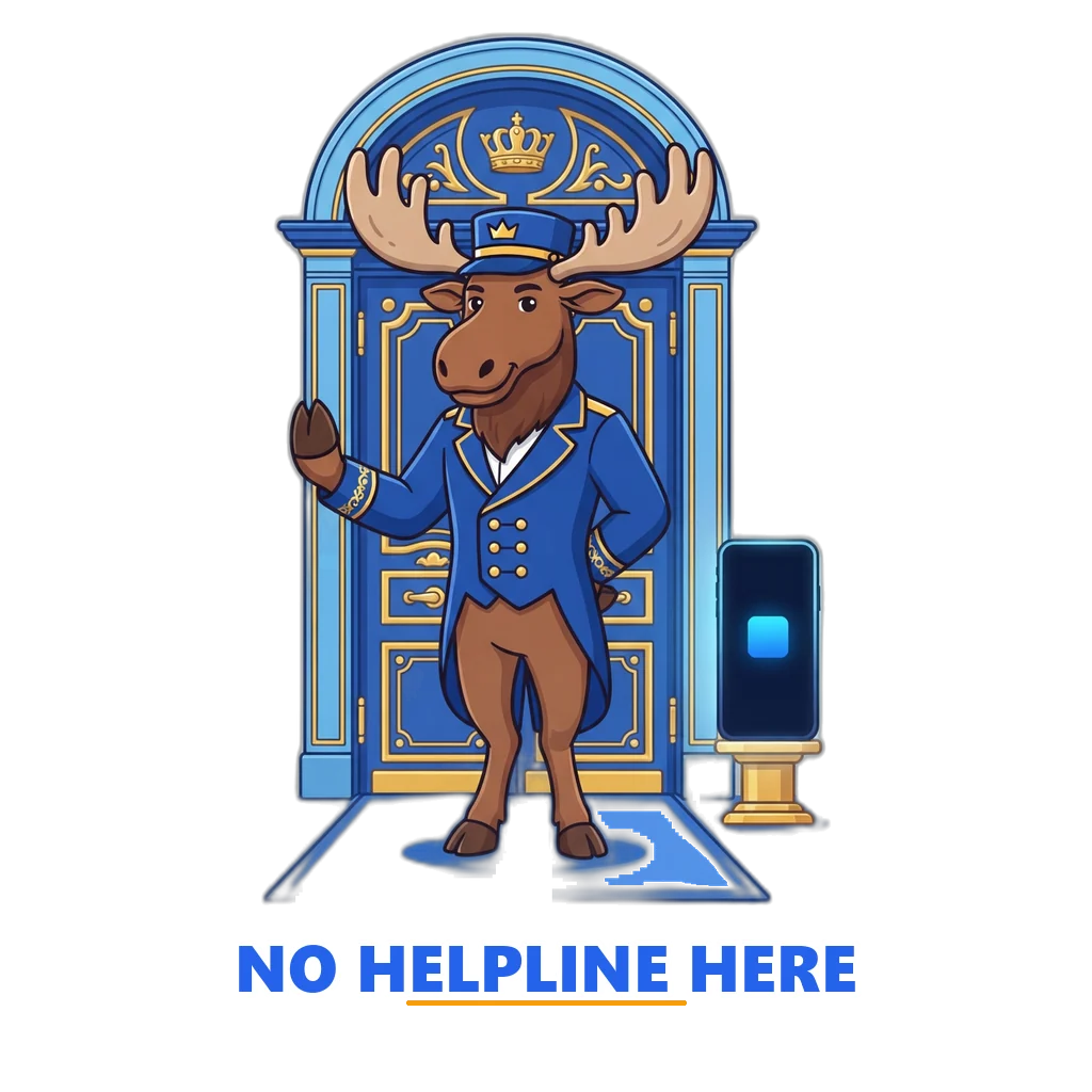 Moose doorman mascot refusing a crumpled fake helpline card at a palace door while the Sagar Club app glows behind him