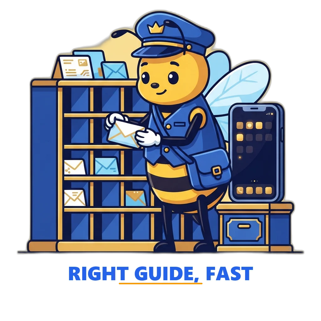 Bee postmaster mascot sorting letters into pigeonholes next to a phone with the Sagar Club app tile