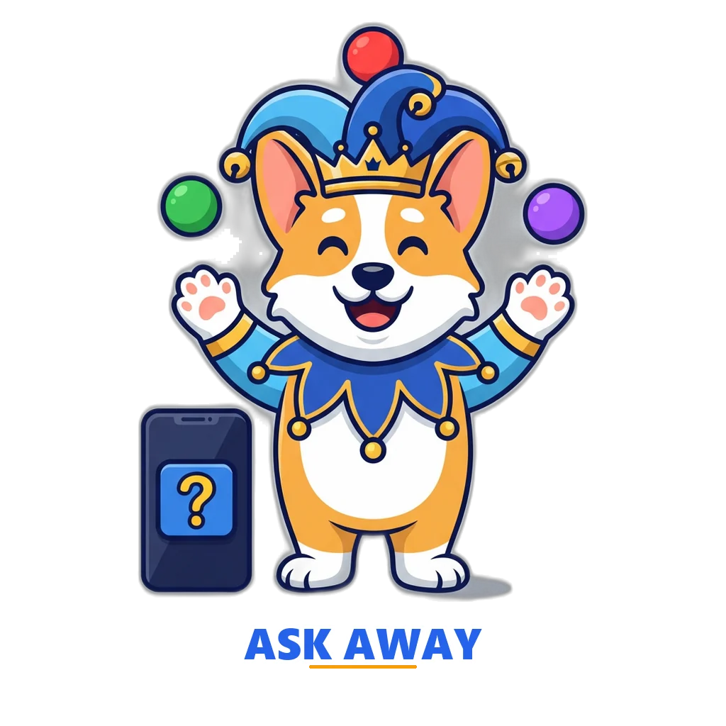 Jester corgi mascot juggling green, red and violet balls beside a phone showing the Sagar Club FAQ