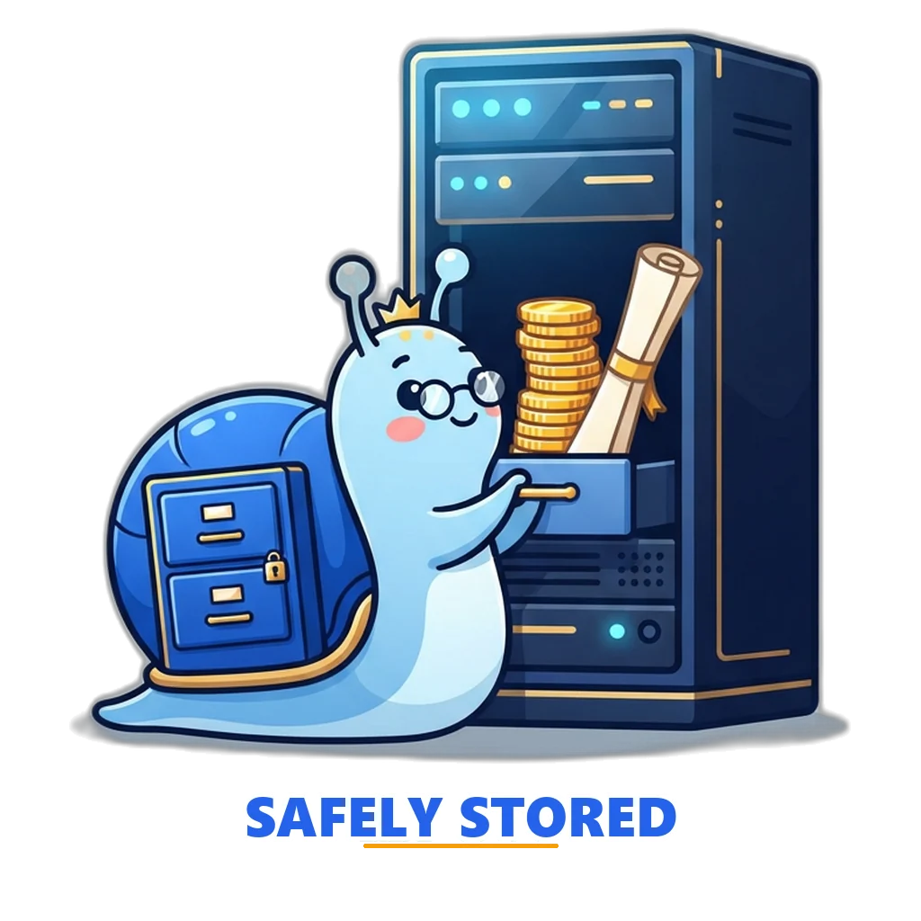 Snail archivist mascot filing gold coins and a scroll into a server rack