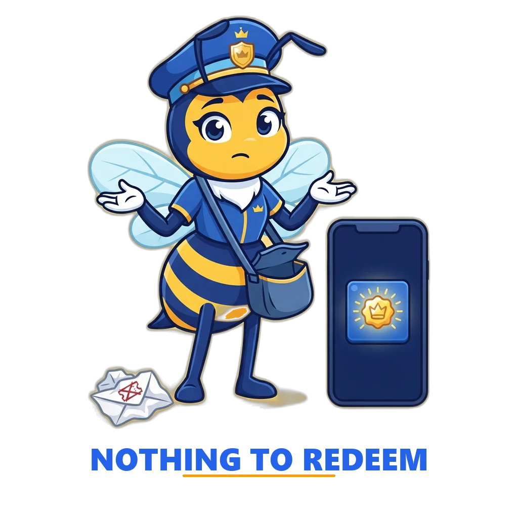 Bee postmaster with an empty satchel beside a phone showing the daily bonus button
