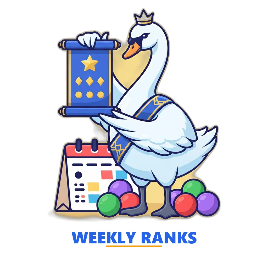 Queen swan holding a scroll with a ranked list beside a calendar marked for Monday
