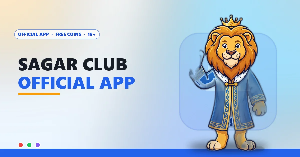 Crowned lion king mascot holding up the Sagar Club app on a phone beside green, red and violet balls