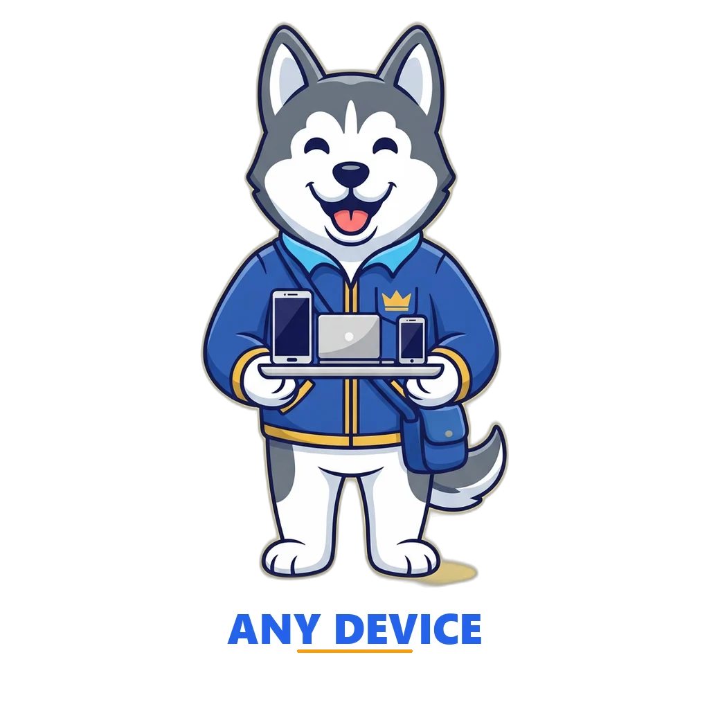 Husky courier mascot delivering the Sagar Club app on an Android phone, a laptop and an iPhone