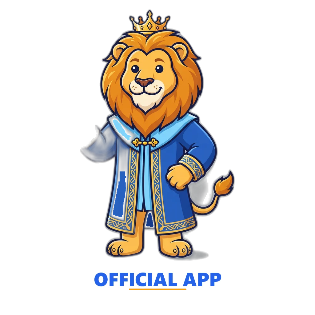 Crowned lion mascot holding a phone that shows the Sagar Club app tile beside green, red and violet balls