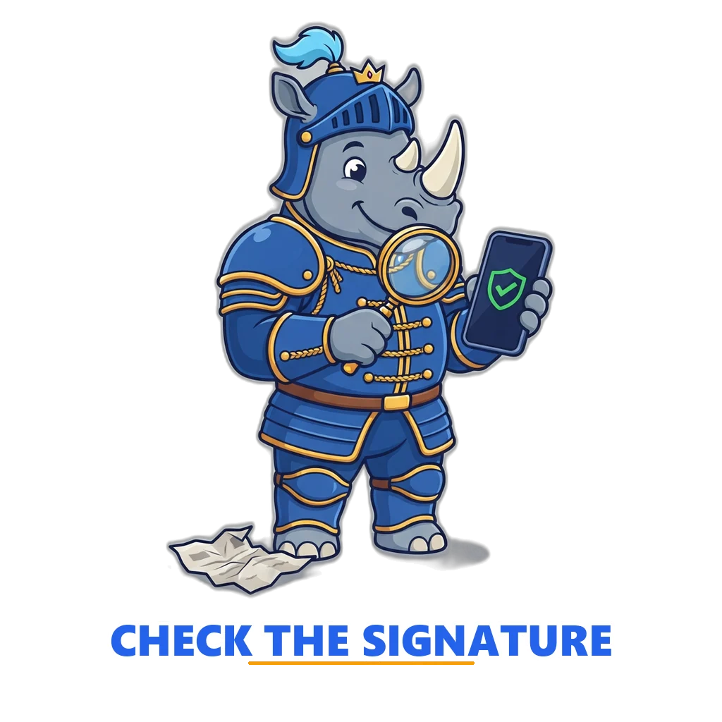 Royal guard rhino mascot checking an app signature on a phone with a magnifying glass
