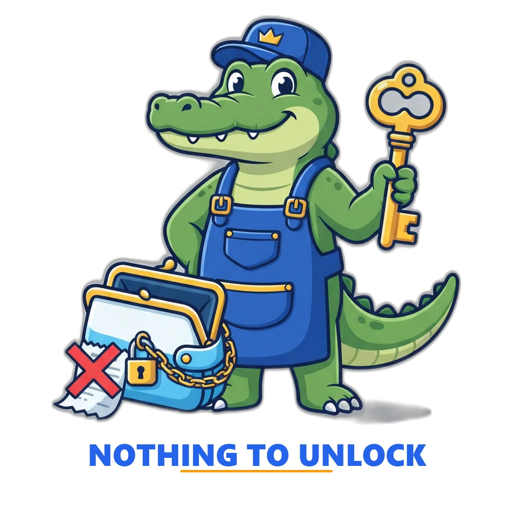 Crocodile locksmith holding a golden key beside an empty padlocked wallet