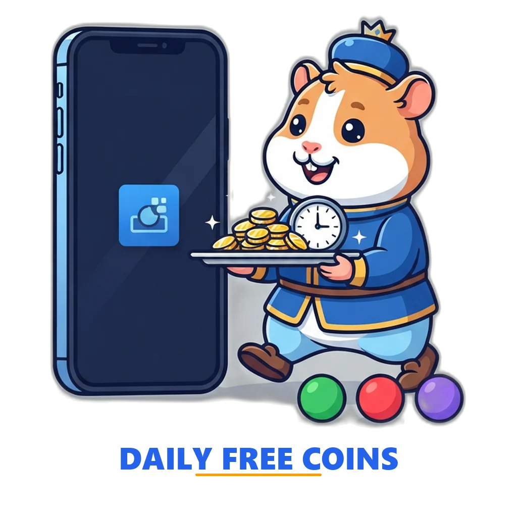 Page-boy hamster carrying a tray of gold coins to a phone showing the app