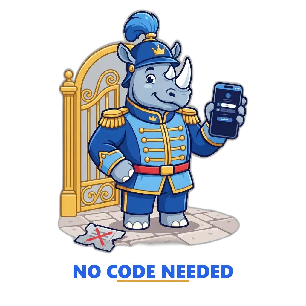 Royal guard rhino at a golden gate showing a sign-up form with no Sagar Club invite code box