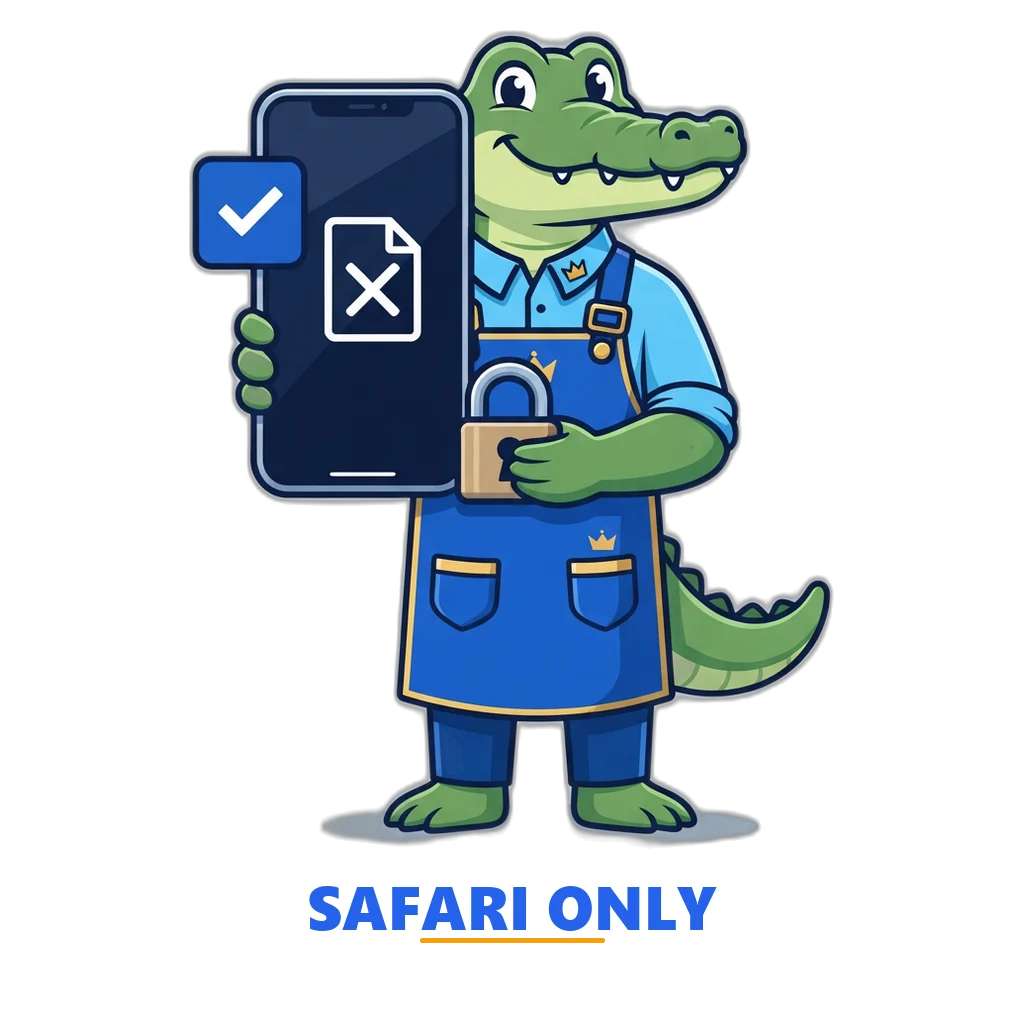 Crocodile locksmith mascot locking out a fake iPhone download while the real web app shows a tick