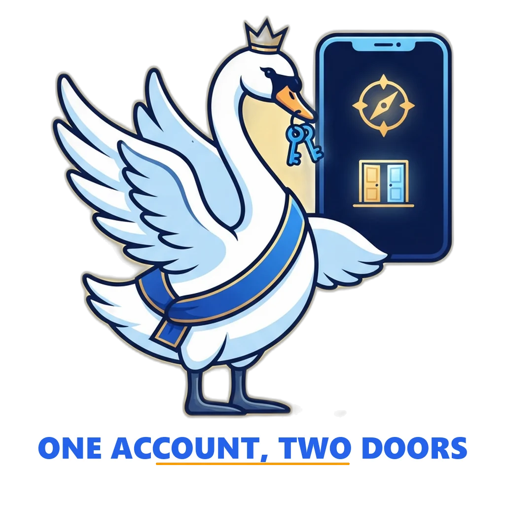 Queen swan mascot showing one Sagar Club account opening from both a Safari tab and a home-screen icon