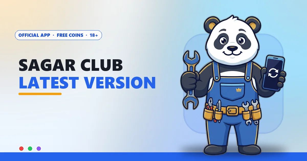 Mechanic giant panda mascot updating a phone for the Sagar Club latest version page