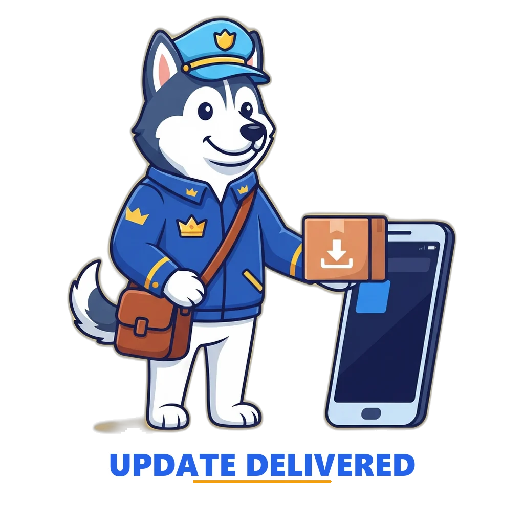 Husky courier mascot delivering an update parcel to a phone with the Sagar Club tile