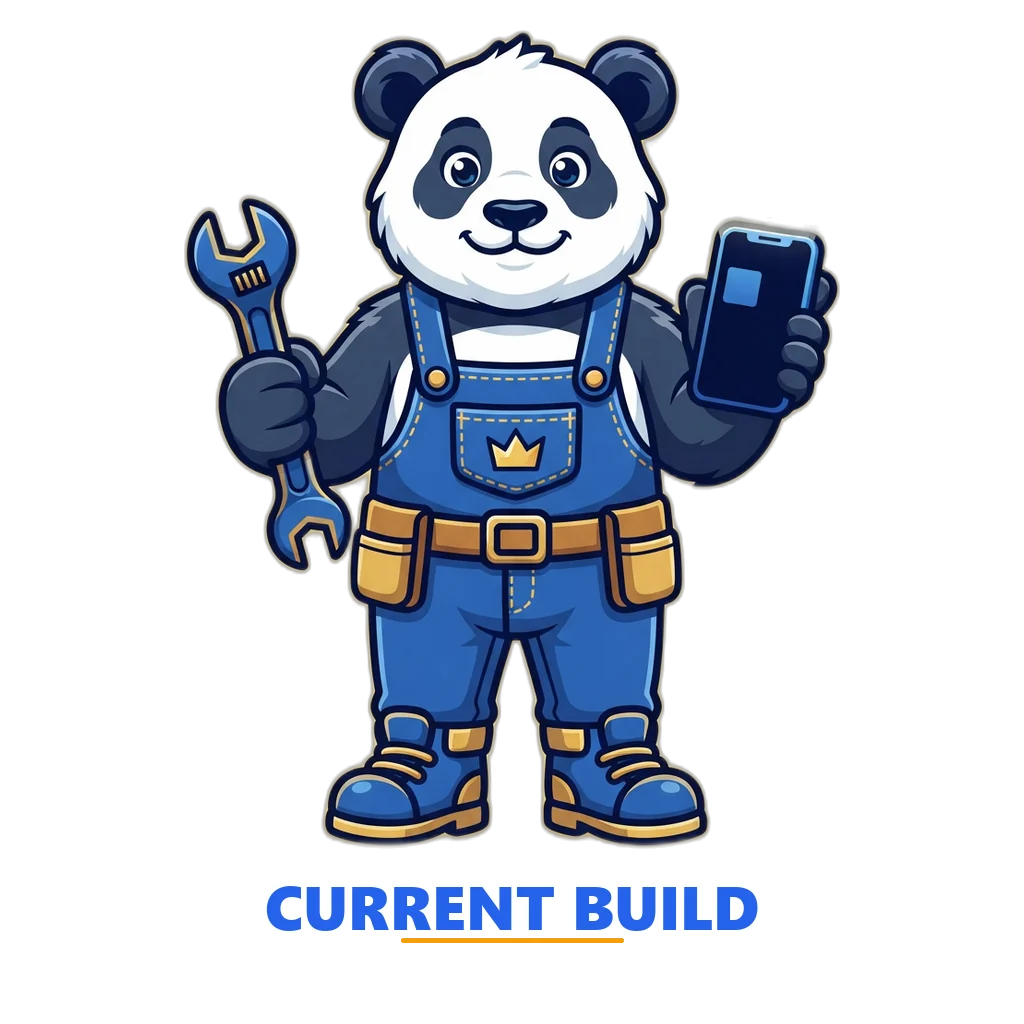 Mechanic giant panda mascot updating a phone to the Sagar Club latest version