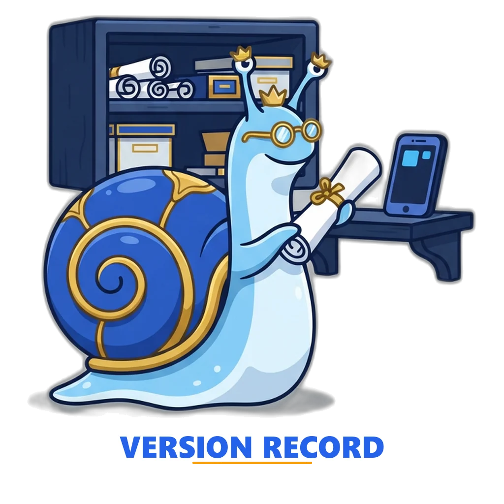 Snail archivist mascot filing a single version scroll next to a phone with the Sagar Club tile