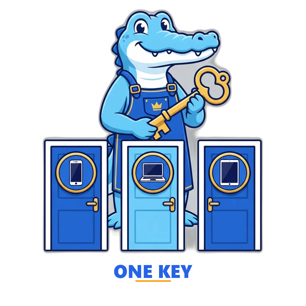 Crocodile locksmith mascot holding one gold key for the Sagar Club login in front of three doors