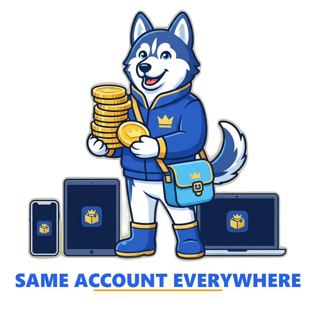 Husky courier mascot carrying coins between a phone, a tablet and a laptop