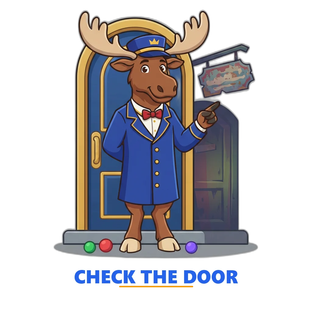 Moose doorman mascot pointing visitors to the correct door and away from a crooked side door