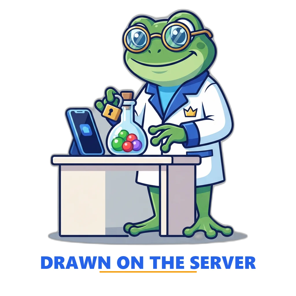 Scientist frog mascot beside a sealed flask of green, red and violet balls that a phone can only watch