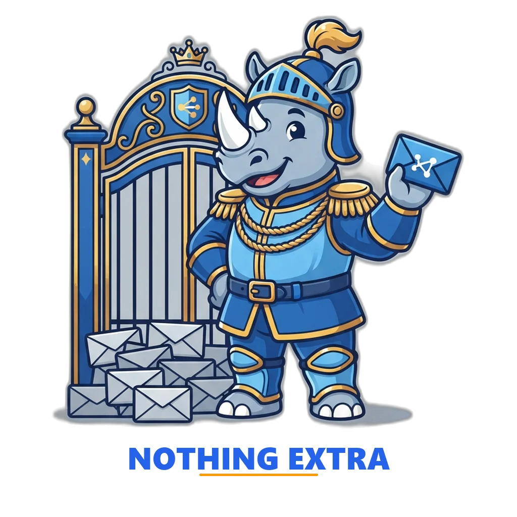 Royal guard rhino mascot at a gate admitting the network permission and holding back the dangerous ones