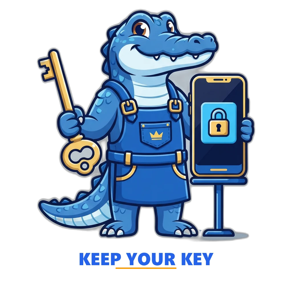 Crocodile locksmith holding a single golden key next to a phone showing a padlock and the Sagar Club tile