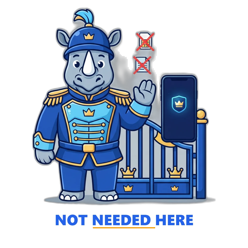 Royal guard rhino at a gate turning away crossed-out SIM card, bank card and document icons while a phone with the Sagar Club tile sits behind him