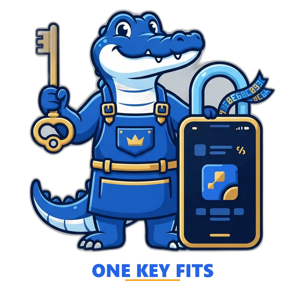 Crocodile locksmith mascot holding a golden key to a phone-shaped padlock that shows the Sagar Club app tile