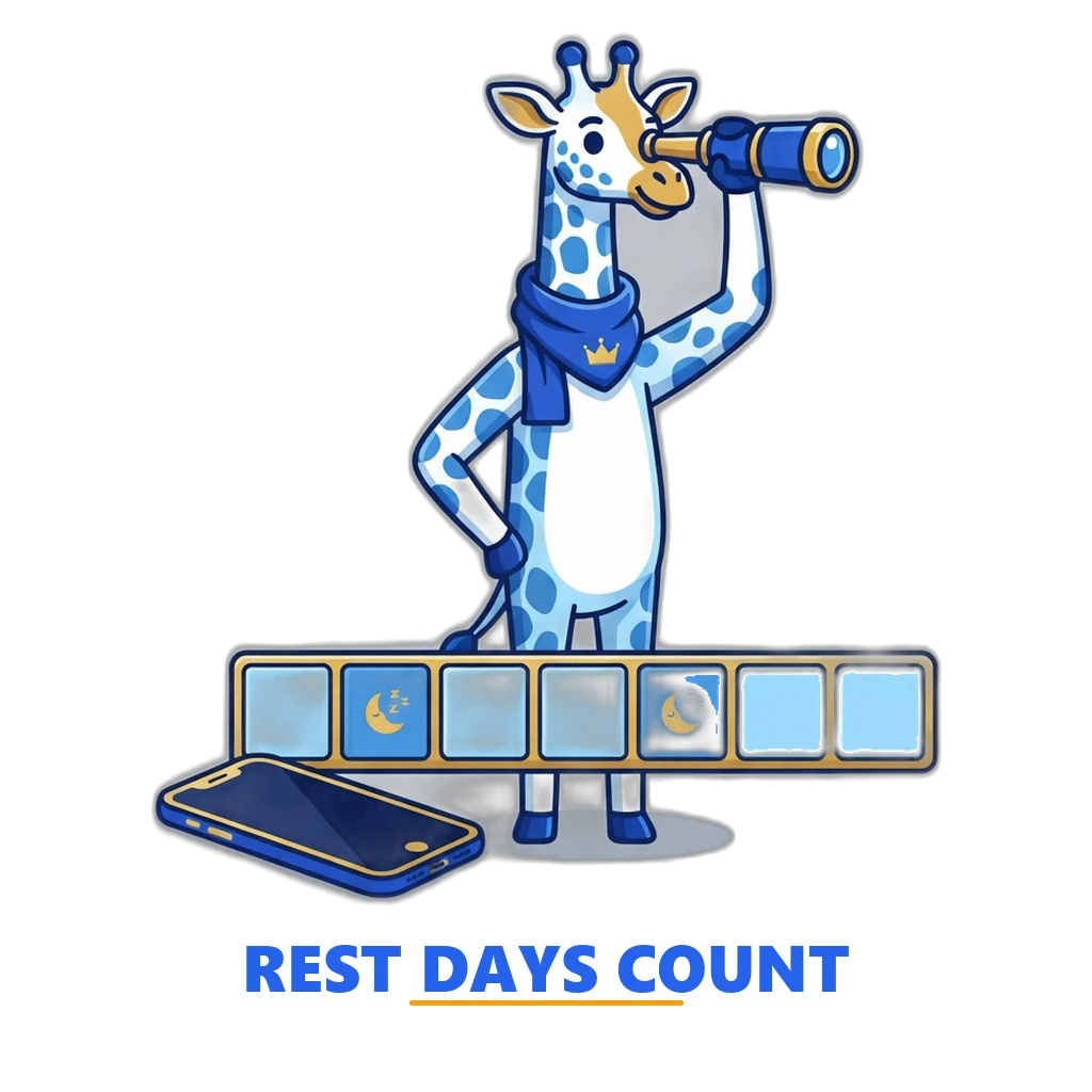 Giraffe lookout mascot with a spyglass watching over a weekly plan strip with two rest days and a phone resting face down