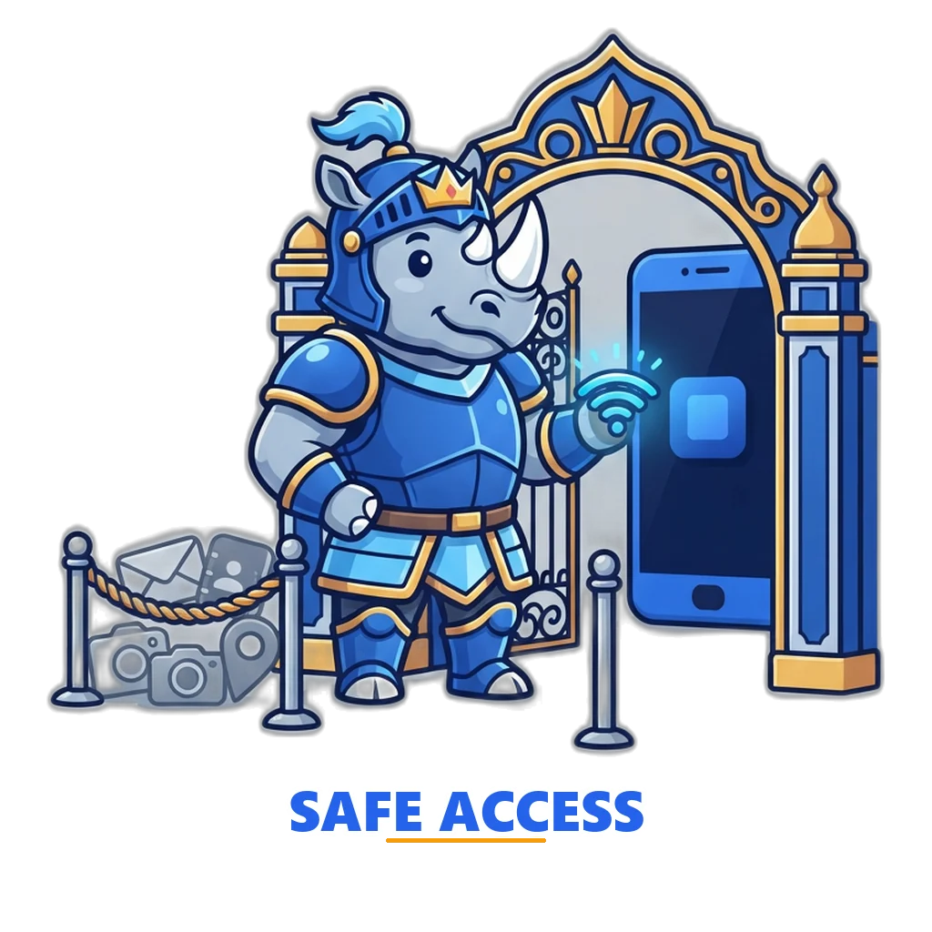 Royal guard rhino mascot keeping Sagar Club safe at a palace gate, letting only a network signal through